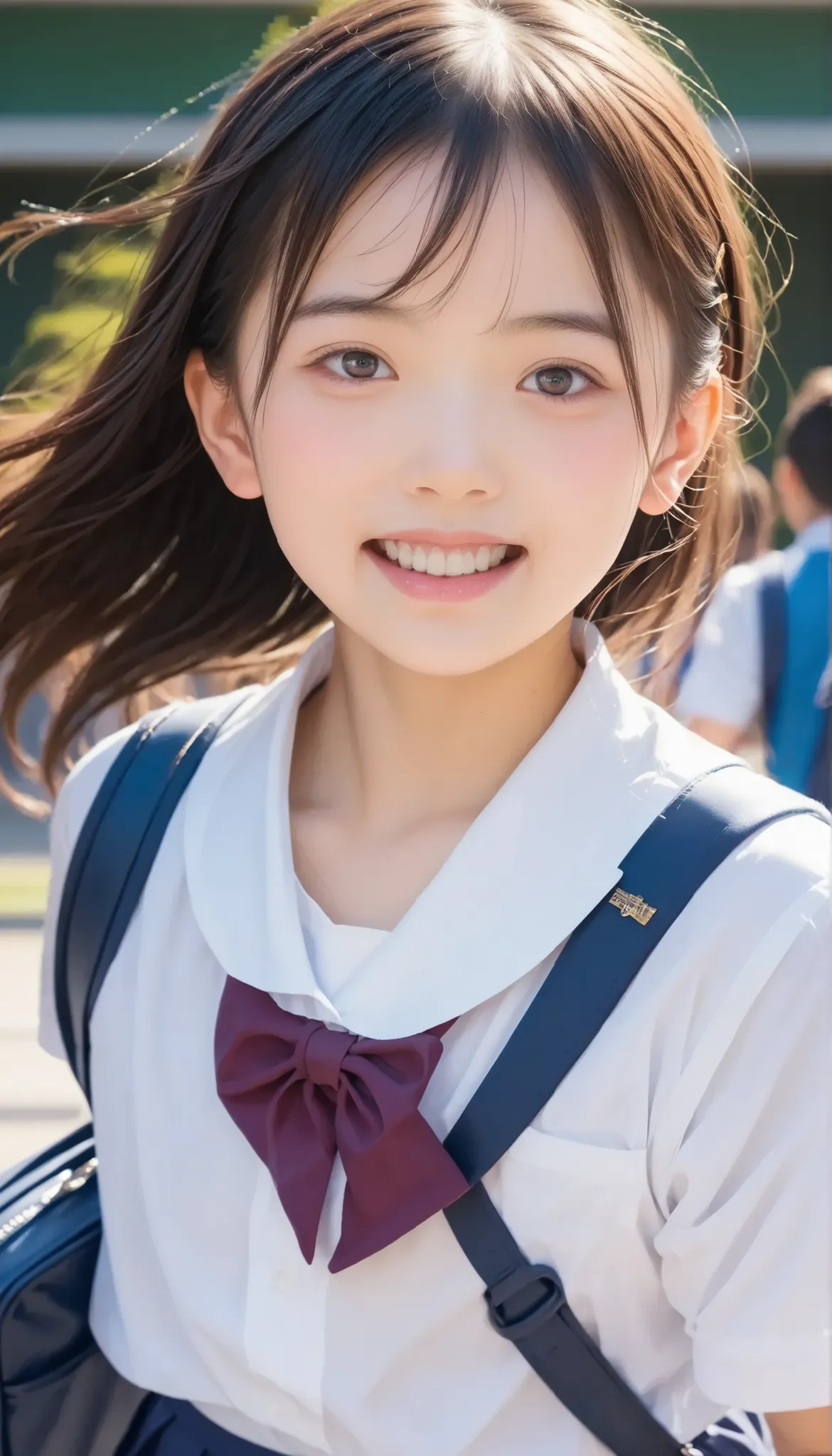 One girl, masterpiece, top quality, super detail, high school girl with a slice of bread in her mouth, running in panic. Panicked, impatient expression, holding school bag, high school girl's clothes, school route.
