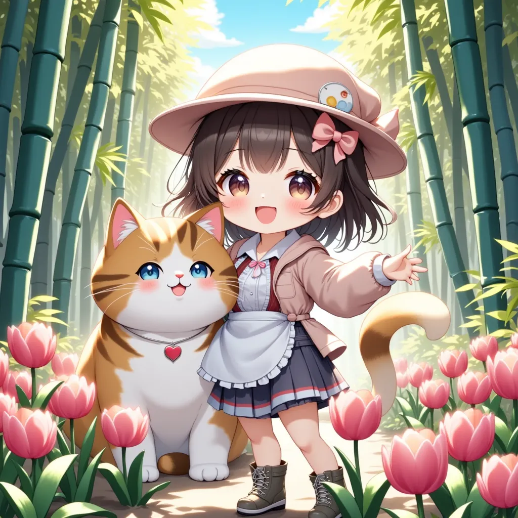 ultra detailed Animation, dramatic scene, shadow, perfect anatomy, accurate limb proportions, chibi girl\( Japanese famous young idol chibi girl, chibi, very beautiful with very cute face, large breasts, slim waist, wearing a casual outdoor wear with pastel colored nylon jacket, outdoor boots, hair accessories\), cat\( cute tabby cat, cute face, extremely detailed fur, intricated pattern\), beautiful tulip field in the bamboo forest in spring, anime chibi girl wearing a cute hat and apron, her giant cat playfully showing its big paw, soft sunlight filtering through the bamboo, vibrant green hues with spectacular pastel colored tulip, calm and cheerful atmosphere, traditional Japanese elements, springtime vibes