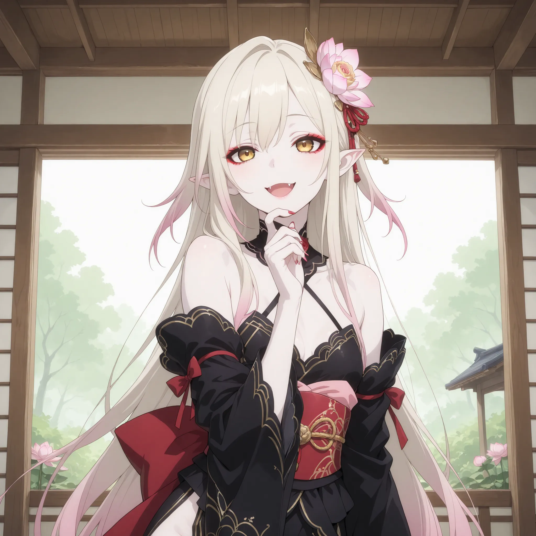 pale-blonde hair, Beautiful, Long Hair, (Rose gradient on hair), Golden Eyes black kimono, cheeky, alluring, fang, cunning, sly , sexy expression, mature, eyeliner, pale hair,detached sleeves kimono, flowy hair, japanese house background, cherry pink Stil...