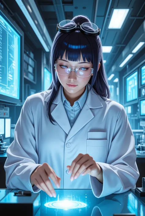 Hyūga_Hinata,   Asian woman ，Clean horsetail，Dressed in a white lab coat，Wear goggles，Precision instruments operating in a modern laboratory，Behind it are large displays and various experimental equipment，The laboratory lights are cool blue，The picture is ...