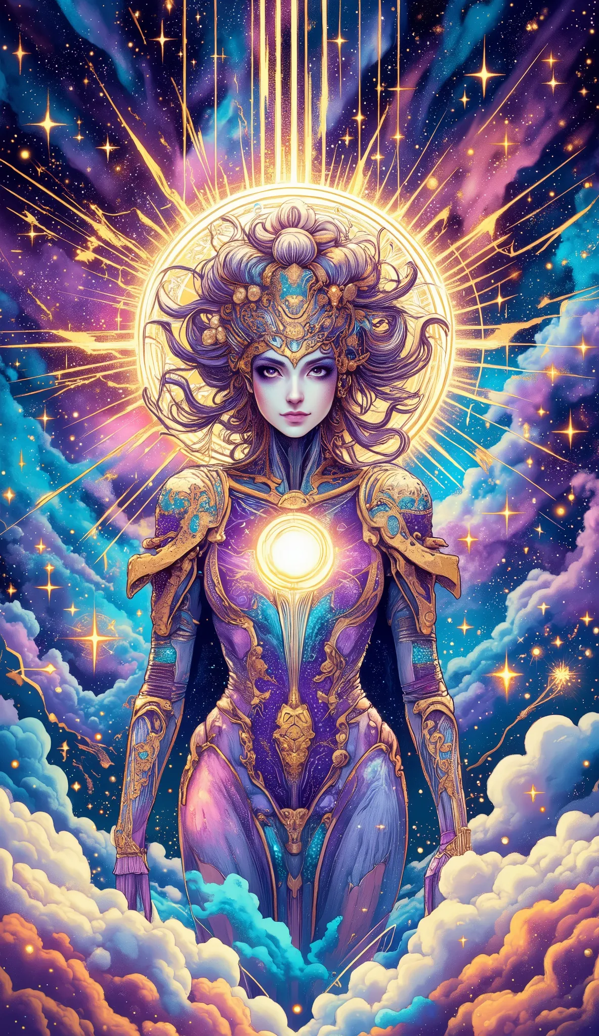 The cosmic realm shimmers with ethereal energy, and in the center of this celestial ballet, a radiant figure emerges. Nebula, a futuristic female warrior, an embodiment of cosmic power and seductive allure, materializes before you, Confident, regal, and ra...