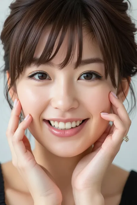 extreme close-up portrait of a beautiful young Japanese woman, ultra photo-realistic, extremely detailed skin texture and pores, cinematic natural lighting, realistic facial proportions, joyful expression, slightly parted glossy lips, cheeks flushed with h...