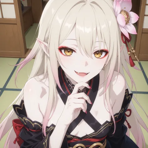 pale-blonde hair, Beautiful, Long Hair, (Rose gradient on hair), Golden Eyes black kimono, cheeky, alluring, fang, cunning, sly , sexy expression, mature, eyeliner, pale hair,detached sleeves kimono, flowy hair, japanese house background, cherry pink Stil...