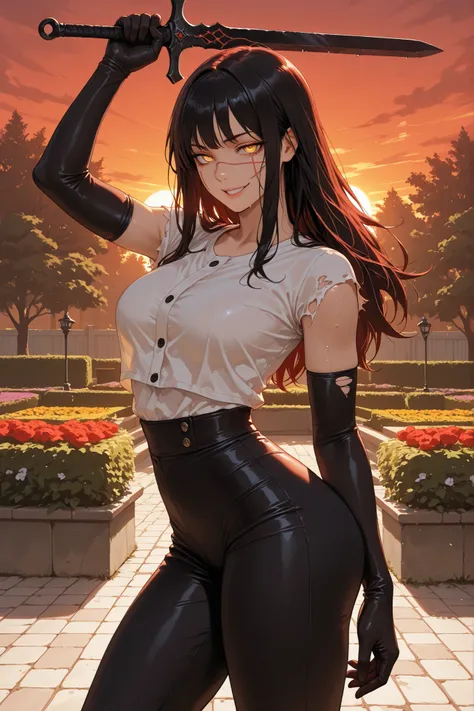 1girl, yoru, scar on cheek, cross scar, long hair, black hair, yellow/red eyes, ringed eyes, seductive look, ironic smile, sweat, looking at viewer, white shirt, torn sleeves, elbow-length gloves, black gloves, tight black pants, holding a sword in his rig...