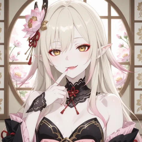 pale-blonde hair, Beautiful, Long Hair, (Rose gradient on hair), Golden Eyes  black kimono, cheeky, alluring, fang, cunning, sly , sexy expression, mature, eyeliner, pale hair,detached sleeves kimono, flowy hair, japanese house background, cherry pink Stil...