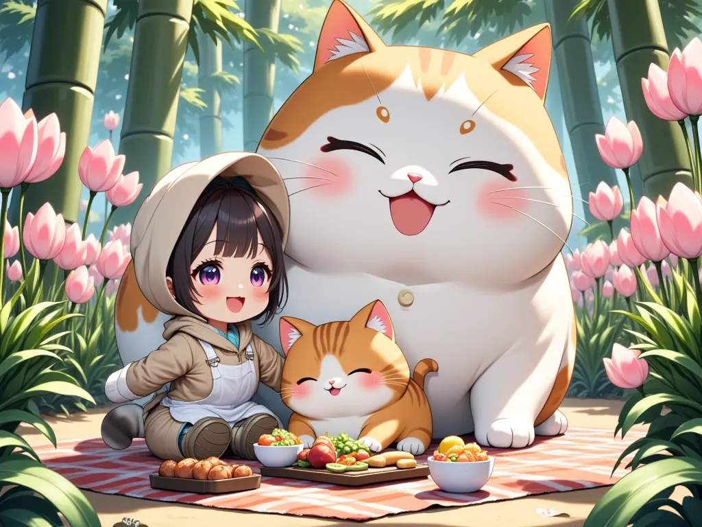 ultra detailed Animation, dramatic scene, shadow, perfect anatomy, accurate limb proportions, chibi girl\( Japanese famous young idol chibi girl, chibi, very beautiful with very cute face, large breasts, slim waist, wearing a casual outdoor wear with pastel colored nylon jacket, outdoor boots, hair accessories\), cat\( cute tabby cat, cute face, extremely detailed fur, intricated pattern\), beautiful tulip field in the bamboo forest in spring, anime chibi girl wearing a cute hat and apron, picnic with giant fat cat family, Spread out a sumptuous lunch on a picnic blanket, soft sunlight filtering through the bamboo, vibrant green hues with spectacular pastel colored tulip, calm and cheerful atmosphere, traditional Japanese elements, springtime vibes