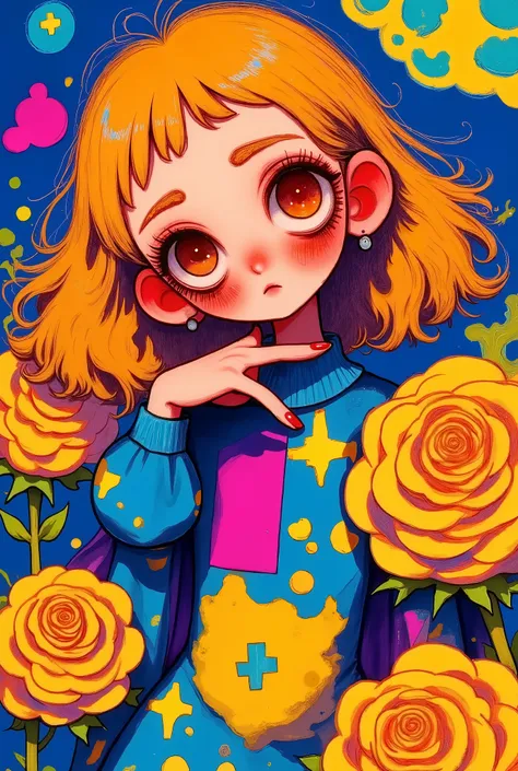 whimsical art style, surreal fantasy, flat, A woman is portrayed captured by a grand illustrative style, giant yellow roses, intricately detailed and stylized sheets, blending with the artistic, textured background. She's been around for a long time, flow...