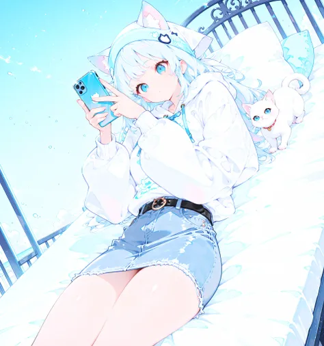 (Anime Art),( masterpiece),( top quality combat bed:1.2),((perfect anatomy)),(Perfect fingers:1.3),(1 girl),(alone),(white hoodie costume:1.3),(Wear a headscarf:1.3),(white cat ears on a hat:1.3),(denim skirt:1.2),beautiful and detailed blue eyes,girl with...