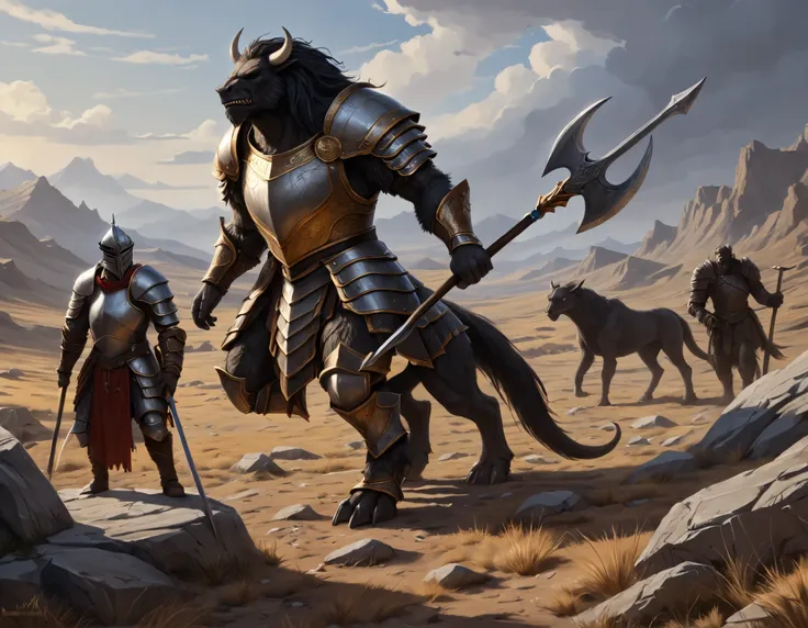 (intricate details, masterpiece, best quality, high resolution, 8k:1), painting, cracked rocky field, adventuring party in foreground facing the horizon, (male human, regal knight, golden armor, lance, riding griffon, facing horizon), (male minotaur, plate...