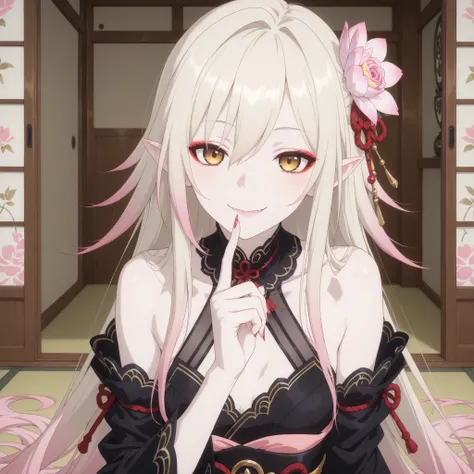 pale-blonde hair, Beautiful, Long Hair, (Rose gradient on hair), Golden Eyes black kimono, cheeky, alluring, fang, cunning, sly , sexy expression, mature, eyeliner, pale hair,detached sleeves kimono, flowy hair, japanese house background, cherry pink Stil...