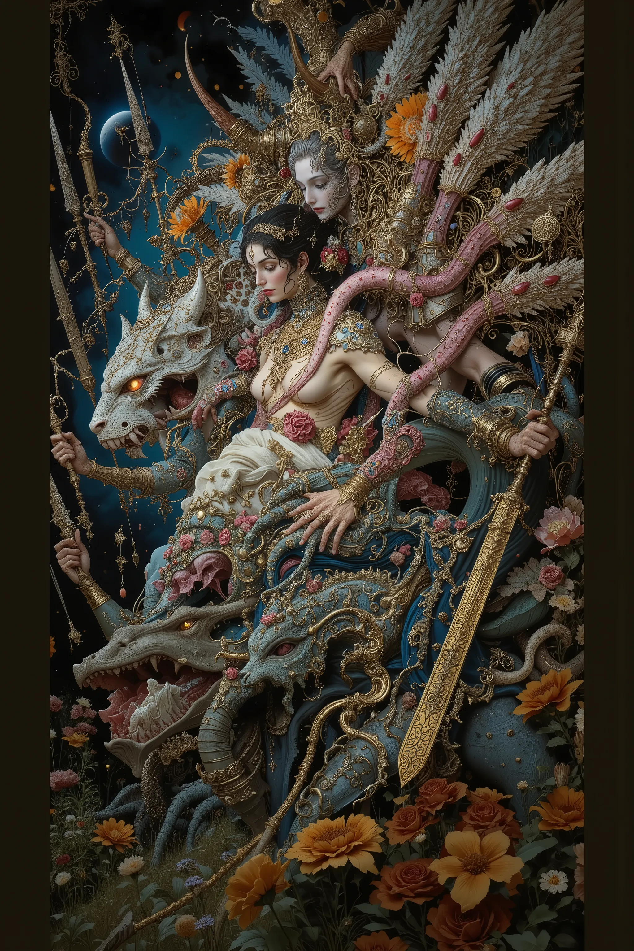 from side,wide shot,mixed beautiful goddess face and Terrible beasts,many arm,holding weapons,Beauty and Threatening,Dignity,Aggregate,Chimera,moon,moonlight,starry sky, Living Being,(bright colors,colorful,granular,flower,plant, blood vessels,liquid,chaos...