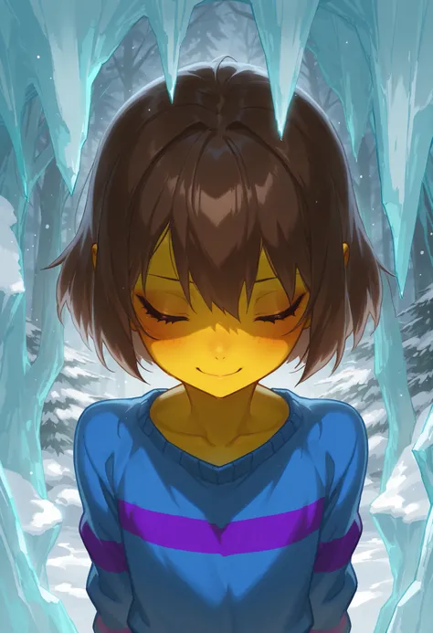Wallpaper, Upper body, solo, front, (Snowy forest, closed mouth smile), ((score 9, score 8, score 7, Best quality::2.5, artwork::2.5, Masterpiece::2.5, Anime traits:2.0, Beautiful features, good anatomy, anime realistic look, 8k Resolution, ultra delicate,...