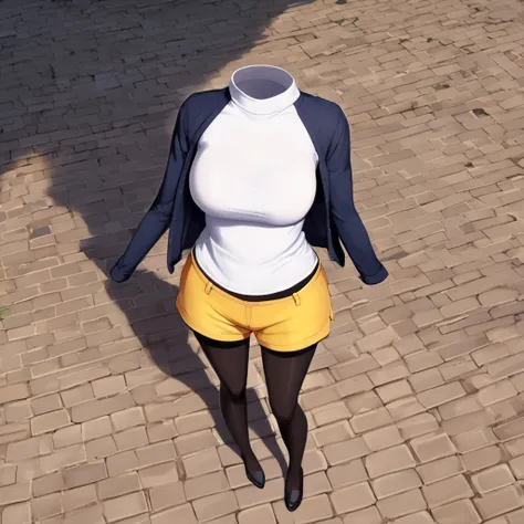 (invisible:1.5, no humans:1.5, headless:1.5, faceless:1.5), ( aarosa, shirt, raglan sleeves, short shorts, yellow shorts, pantyhose under shorts, black pantyhose, dynamic pose:1.2), in city, from above, (big breast), (best quality, masterpiece:1.2), (((det...