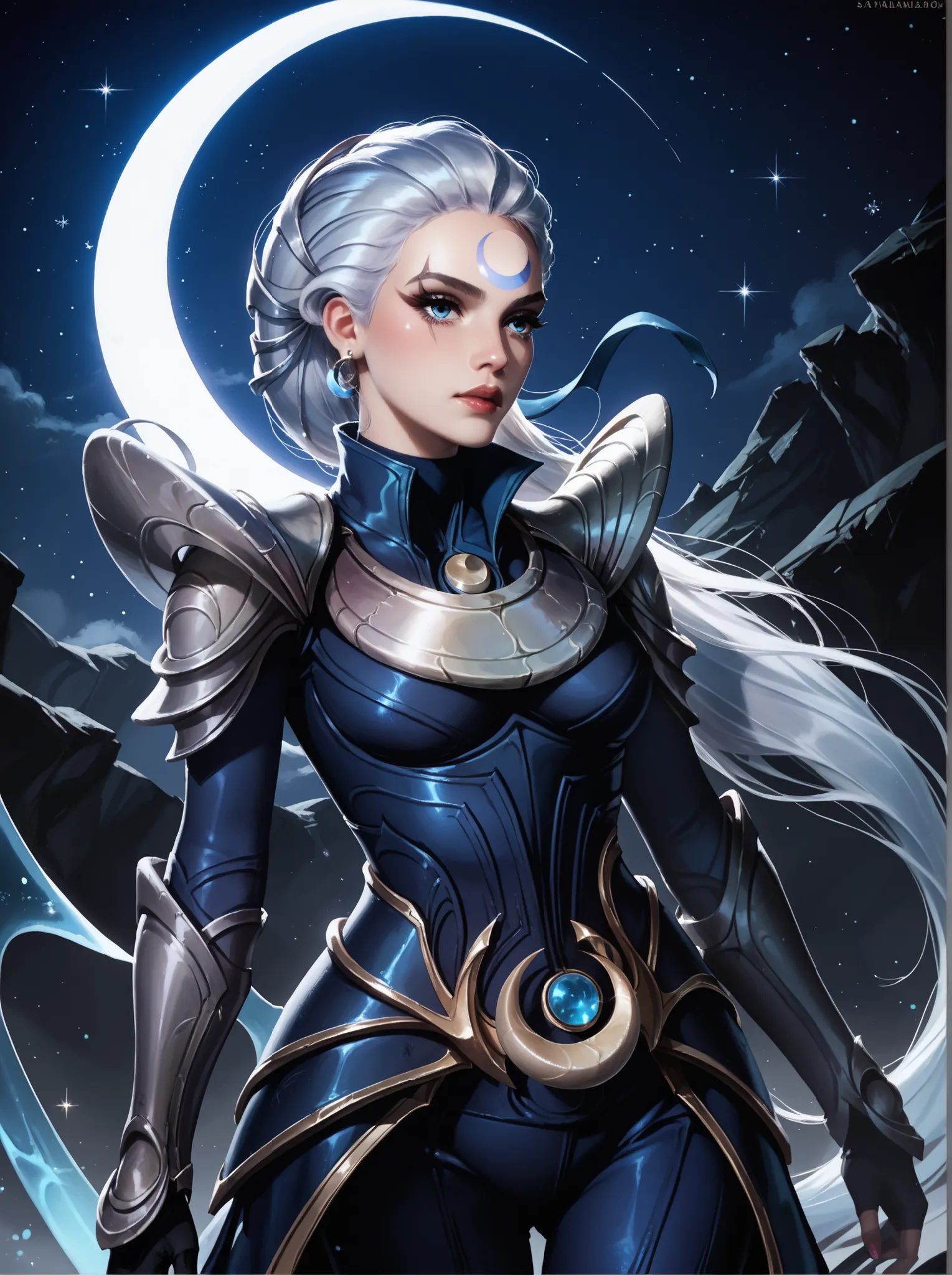 Diana from League of Legends, standing on a crescent-lit battlefield, long silver hair flowing, piercing pale blue eyes, wearing dark armor with silver crescent moon motifs, holding her (large), (curved crescent) blade, dramatic backlighting from a full mo...