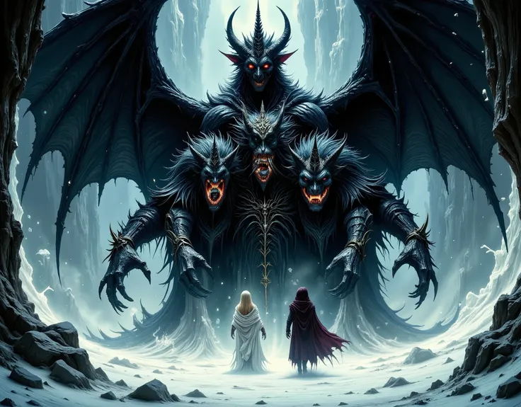 pinkdarkfantasy, monochrome, Gustave Doré style, woodcut, Masterpiece, best quality, amazing quality, absurdres, in a vast frozen cavern, wide open space, 9th Circle of Hell, Lake Cocytus, (MLP_King_Sombra as Lucifer\(black pony with one head and three fac...