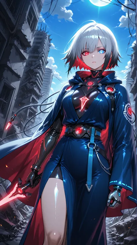 8k, anime style, high quality , professional , Vivid colors ,Shiny ,Skin, dutch angle ,
Mechanized body, A mysterious female cyborg with long silver hair, burnt black tips, heterochromatic eyes (blue and glowing red mechanical eye),
BREAK wearing a tatte...