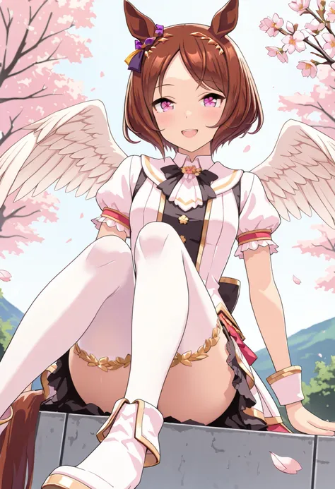 (masterpiece, best quality, perfect face:1.4), wide angle, sakura laurel \(umamusume\), 1girl, flower-shaped pupils, hair ornament, horse ears, ear ornament, horse tail, tail on the lower back, proportional body, proportional, beautiful hair, beautiful fac...