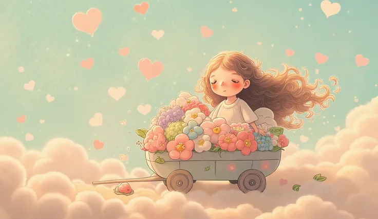 Ethereal young girl with flowing hair pulling a decorated cart overflowing with colorful flowers and glowing hearts, whimsical fantastical landscape, dreamy atmosphere, soft dappled light filtering through misty air, magical particles floating, painterly w...