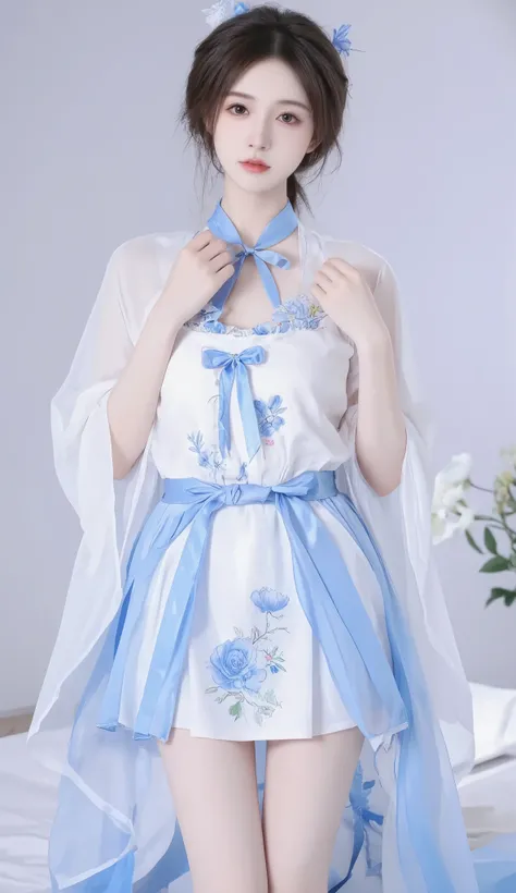robe, 1 girl, [[blue bow, blue eyes, blue flowers, Blue Ribbon, blue Rose, Chest, Chinese clothing , Chinese clothing , skirt, flower, Gradient , Gradient background, embroidered ball flower, Watch the audience, small Chest, white pantyhose, Rose,...