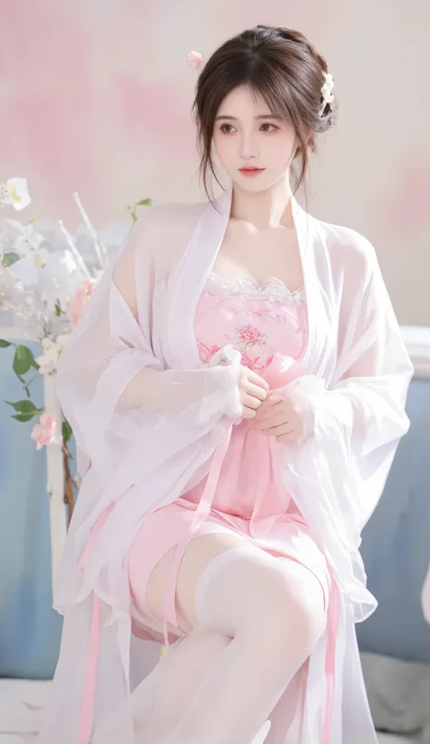 robe, 1 girl, [[bow, eyes, flower, Ribbon, Rose, Chest, Chinese clothing , Chinese clothing , skirt, flower, Gradient , Gradient background, embroidered ball flower, Watch the audience, small Chest, white pantyhose, Rose, Single, thigh 连裤袜