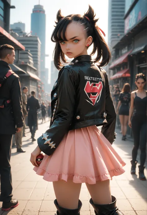 dutch angle ,powerful scene,Masterpiece, best quality,poke ball,battle stance,Ball poising,(cute, 1girl, Marnie\(Pokemon\), black hair, Black hair, aqua eyes, white skin, Half bangs, two ponytails, pink dress, back lether jacket,),black,thick thighs, black...