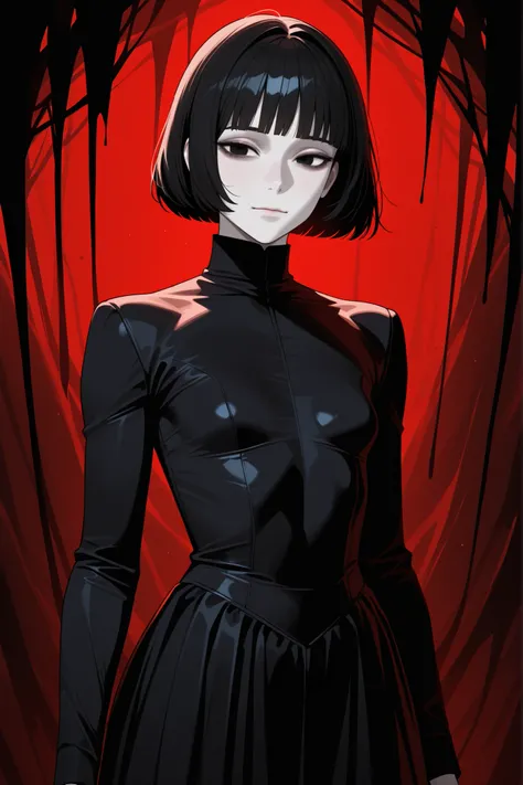 beautiful mtf transsexual woman,super black hair,bob cut,super flat bangs,heavy hairs,slender body,no smile,broad shoulders,grow up,long sleeves,high collar libnit long dress,pale skin,darkness black eyes,small breasts,tall body,horror,high cheekbones,cine...