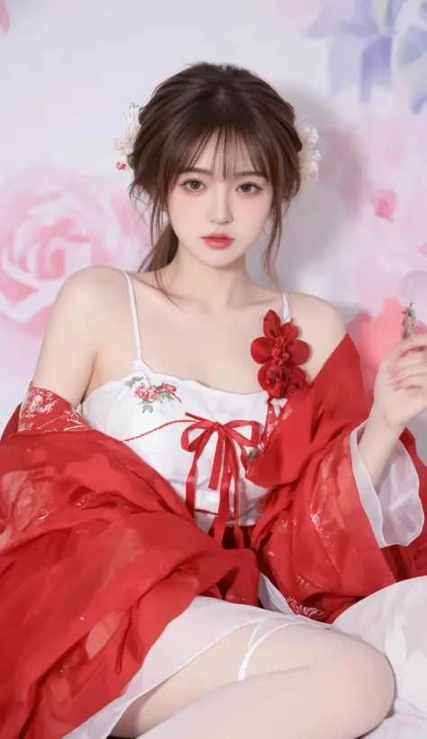 robe, 1 girl, [[bow, eyes, flower, Ribbon, Rose, Chest, Chinese clothing , Chinese clothing , skirt, flower, Gradient , Gradient background, embroidered ball flower, Watch the audience, small Chest, white pantyhose, Rose, Single, thigh 连裤袜
