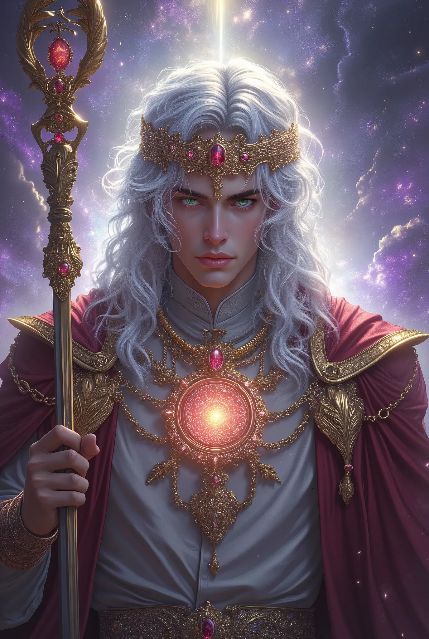 work of art, best quality, 8K, Extremely detailed, anime style , man , white hair , very long hair , curly hair , green eyes , ceremonial Moroccan clothing , with chains and gold jewelry , crown of ore , gold scepter with rubies on the left hand , very ...
