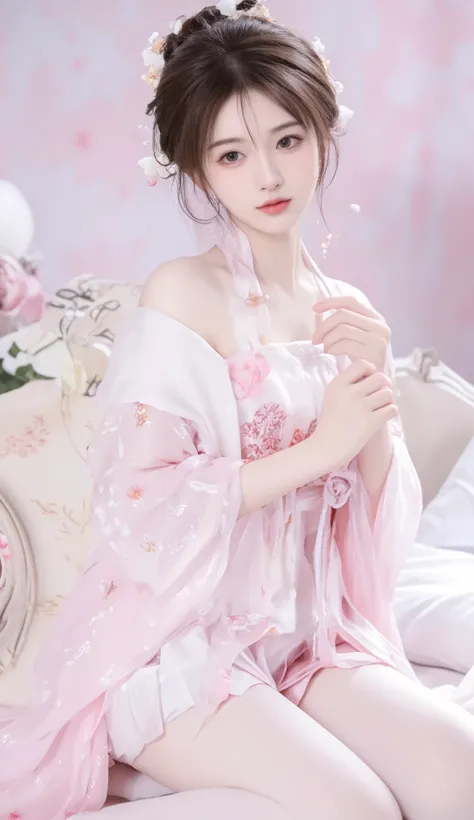 robe, 1 girl, [[bow, eyes, flower, Ribbon, Rose, Chest, Chinese clothing , Chinese clothing , skirt, flower, Gradient , Gradient background, embroidered ball flower, Watch the audience, small Chest, white pantyhose, Rose, Single, thigh 连裤袜