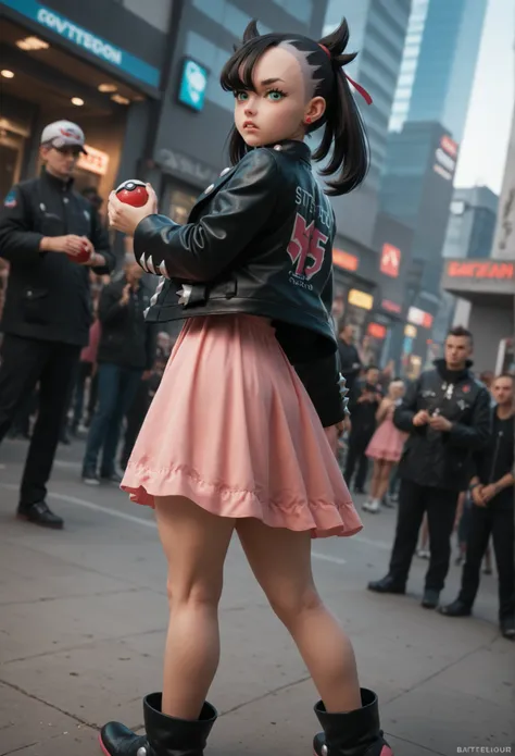 dutch angle ,powerful scene,Masterpiece, best quality,poke ball,battle stance,Ball poising,(cute, 1girl, Marnie\(Pokemon\), black hair, Black hair, aqua eyes, white skin, Half bangs, two ponytails, pink dress, back lether jacket,),black,thick thighs, black...
