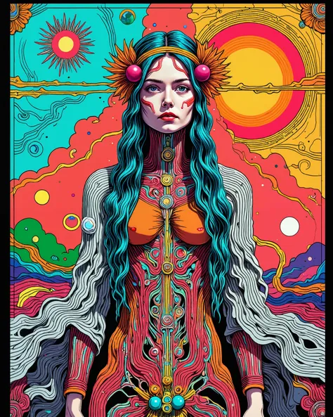 Embodying audacity, she ventures the Italian atomic bomb path, surrounded by vibrant multi-layered collages, evoking psychedelic portraiture and serene faces, merging with the beauty of richly colored skies and the captivating essence of photo illustration...