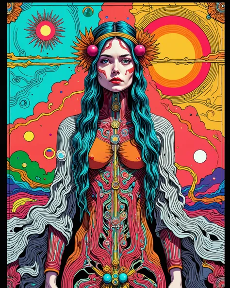 Embodying audacity, she ventures the Italian atomic bomb path, surrounded by vibrant multi-layered collages, evoking psychedelic portraiture and serene faces, merging with the beauty of richly colored skies and the captivating essence of photo illustration...