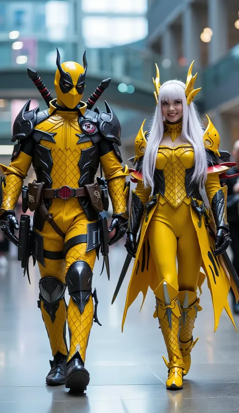 character: 1 man white hair wearing yellow Deadpool body suit with white dragon armor,  and 1 woman long straight white hair wearing yellow Deadpool body suit with dragon armor. Looks Europe face. Two katana swords on their backs. 

action: Walk straight a...