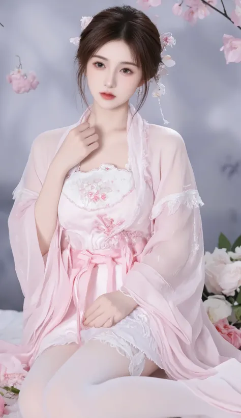 robe, 1 girl, [[bow, eyes, flower, Ribbon, Rose, Chest, Chinese clothing , Chinese clothing , skirt, flower, Gradient , Gradient background, embroidered ball flower, Watch the audience, small Chest, white pantyhose, Rose, Single, thigh 连裤袜