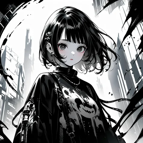 Create digital artworks in the pop art style、ink style drawing、Black ink on white paper、Street fashion、Gothic Fashion、Black and white brushwork、Emotions must be dynamic、Upper Body、drawing、shape、white and black ink、Thick ink lines、The pen strokes are very d...