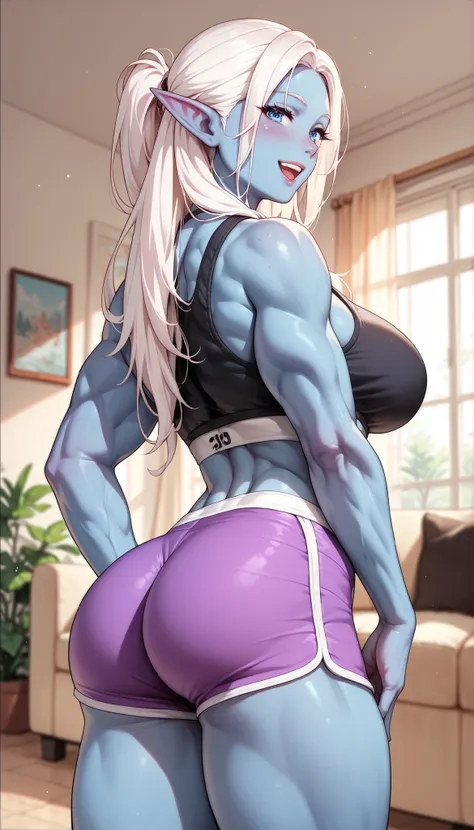 Dark Elf female, blue skin, white hair, blue eyes, long hair, ((feminine fitness model body)), muscular, mature female, blushed, happy, side shot, perfect ass, purple shorts, sports bra, at the living room, standing 