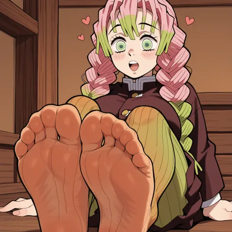 sketch, vintage, old style, Mitsuri ( Demon slayer) pink hair, big huge bobbies, open mouth, hearts around, sole of the foot, misturi clothes, brown room, close up 