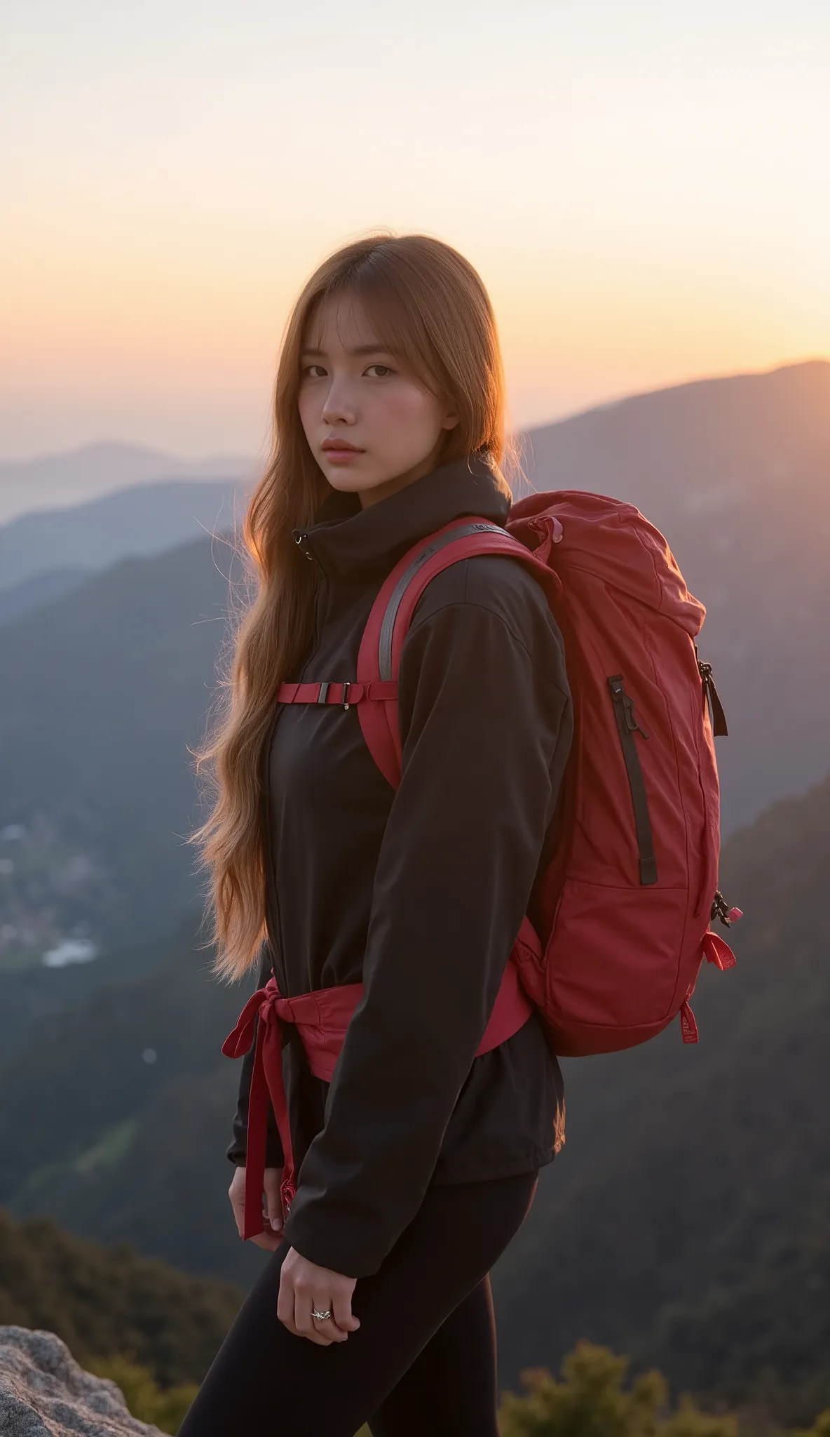 no, Ray tracing, Radio City, Anisotropic filtration, 16,000, best quality, 1 woman, alone, beautiful mountain climber, Hiking clothing, Gradient long hair, climbing equipment、sunset、big breasts 、valley, Solo, 8k, photoshoot, perfect body, perfect skin, sli...