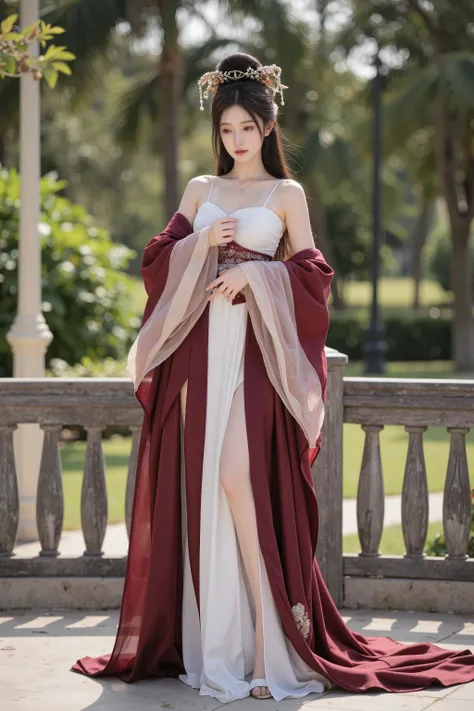 The luxuriously dressed Arab woman posing in the garden, standing in a very sexy pose, the curves of her body greatly stimulate men's sexual arousal. The beautiful fantasy empress, the palace, the 20-year-old girl in Hanfu, slightly covering up, revealing ...