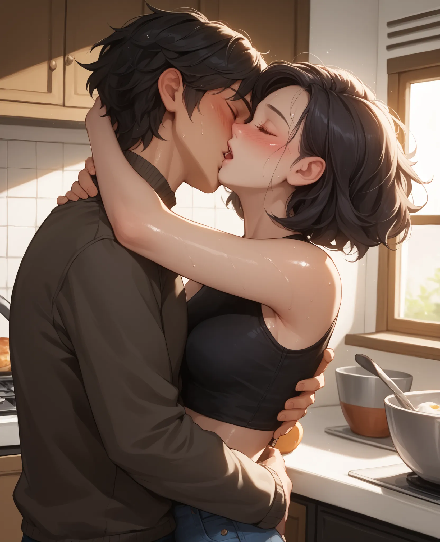 score_9, score_8_up, score_7_up, 1woman, solo, hair, closed eyes, white milky porcelain skin, white-skinned female, short black hair, lovely medium breasts, perfect body, black sleeveless crop top, denim miniskirt, sweat, female organism, open mouth, look...