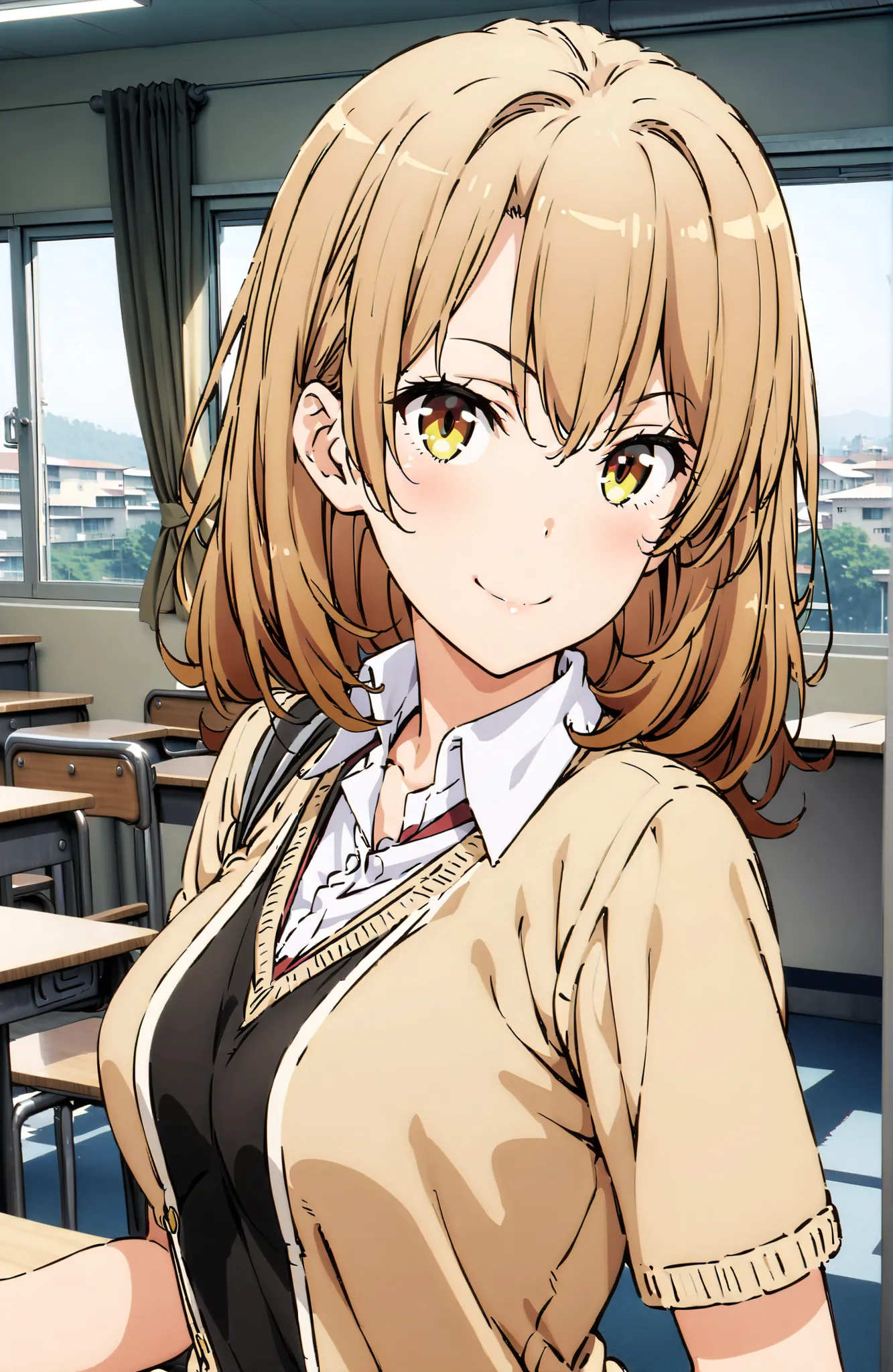 score_9, score_8_up, score_7_up, source_anime,Iroha Isshiki, in their 40s green skirt for ears, plaid, plaid skirt for ears, sainan high uniform, uniform, skirt for ears, sweater vest, (yellow sweater:1.3), Short sleeve, black high socks,loafers,standing,d...