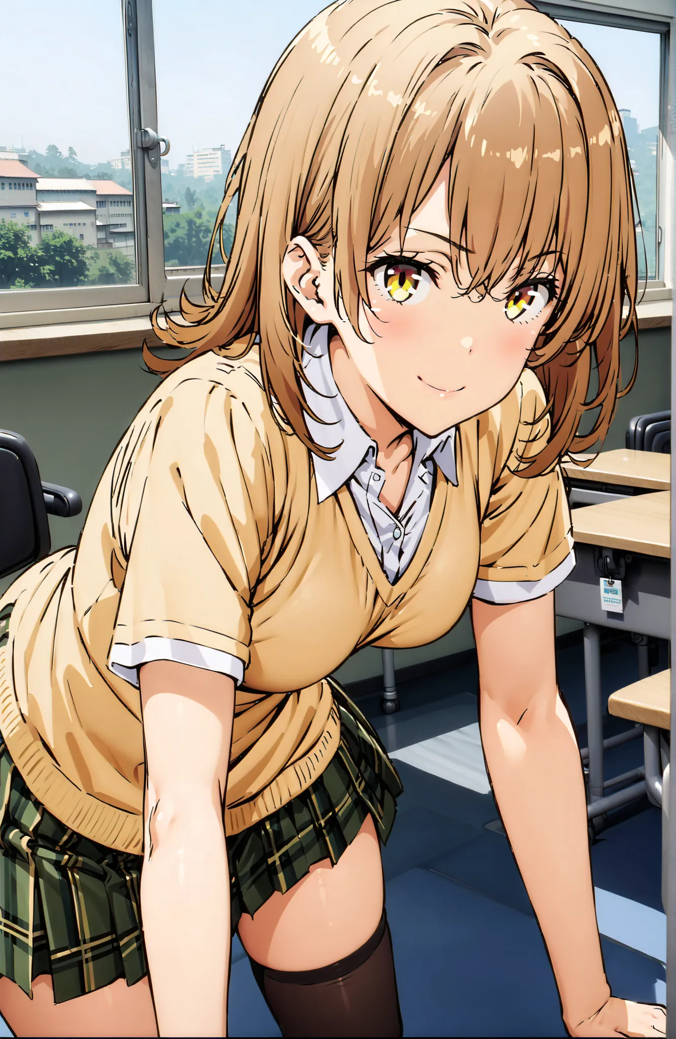 score_9, score_8_up, score_7_up, source_anime,Iroha Isshiki, in their 40s green skirt for ears, plaid, plaid skirt for ears, sainan high uniform, uniform, skirt for ears, sweater vest, (yellow sweater:1.3), Short sleeve, black high socks,loafers,standing,d...