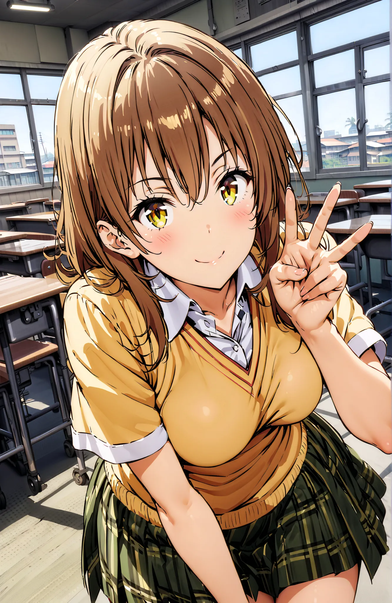 score_9, score_8_up, score_7_up, source_anime,Iroha Isshiki, in their 40s green skirt for ears, plaid, plaid skirt for ears, sainan high uniform, uniform, skirt for ears, sweater vest, (yellow sweater:1.3), Short sleeve, black high socks,loafers,standing,d...