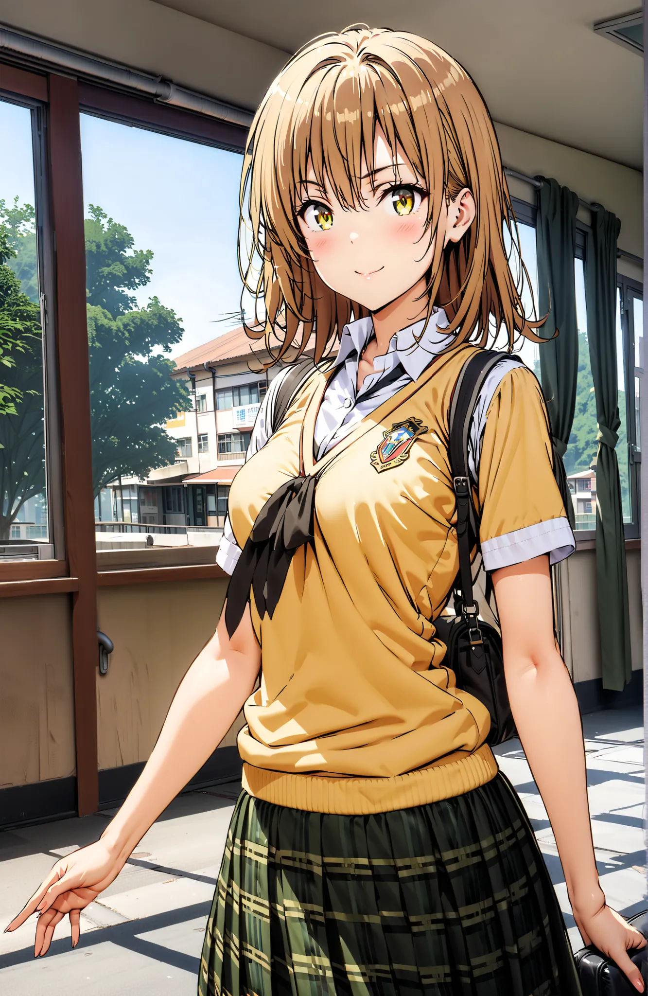 score_9, score_8_up, score_7_up, source_anime,Iroha Isshiki, in their 40s green skirt for ears, plaid, plaid skirt for ears, sainan high uniform, uniform, skirt for ears, sweater vest, (yellow sweater:1.3), Short sleeve, black high socks,loafers,standing,d...