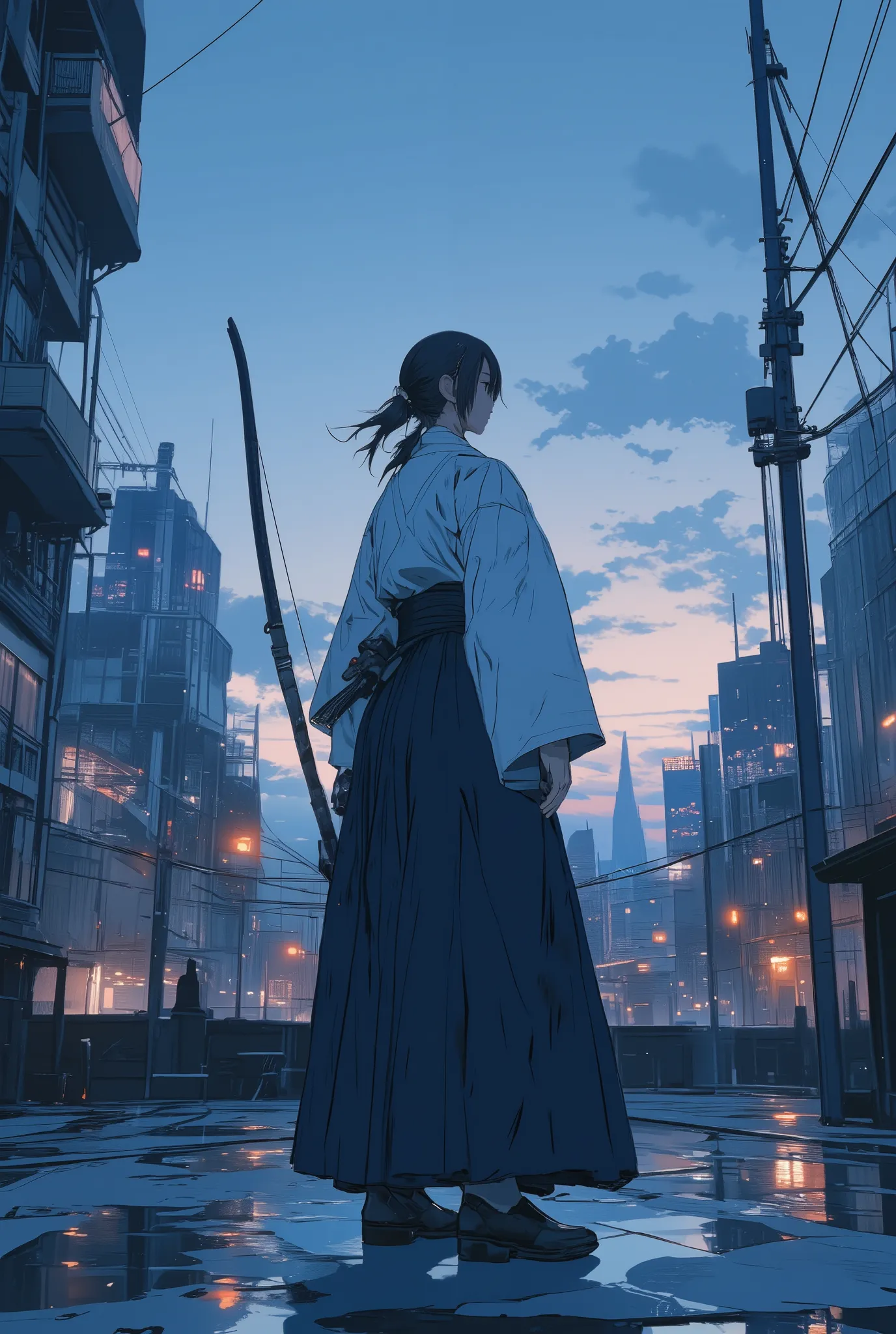 cinematic full-body shot of a female kyudo archer standing calmly at a 45-degree angle on a quiet city rooftop at dusk,
she wears a traditional white keikogi and deep navy hakama, her long black hair tied back in a low ponytail fluttering slightly in the...