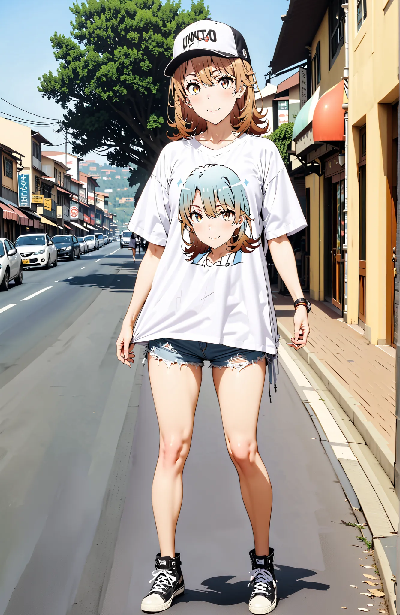 Iroha Isshiki,half up do,oversized t-shirt,denim micro shorts,Bare legs,sneakers,Baseball hats,standing,double peace sign,smile,blush,grinning,Beautiful Scenery, Beautiful Streetscapes,Daytime summer,full bodyがイラストに入るように,in their 40s outdoors,Coastal Road,...