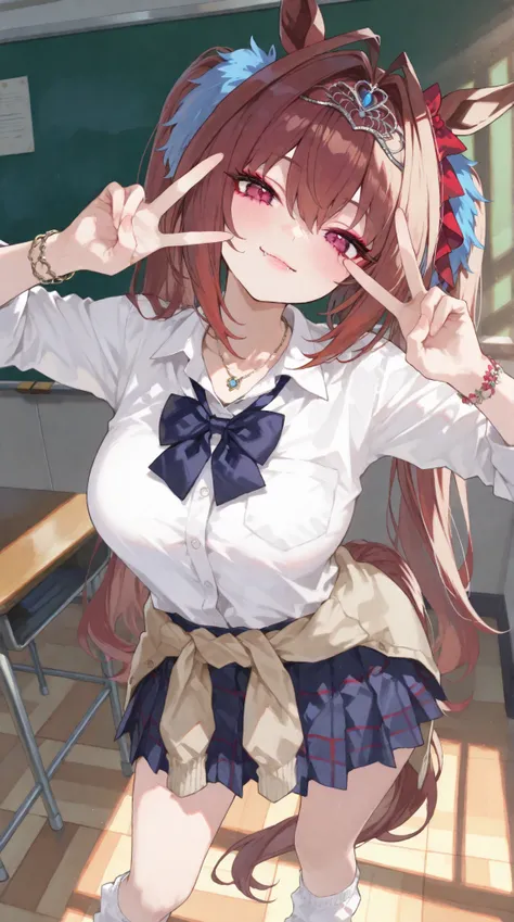 {{{masterpiece}}}, {{{best quality}}}, {{ultra-detailed}}, {illustration}, {{an extremely delicate and beautiful}},ダイワスカーレット,1 girl,high school student,(((gal))),full makeup,lips gloss,false eyelashes,standing,contrapposto,(outstretched arms),double peace sign,head tilt,sunlight,full body,classroom,smile,fang,long hair,dark redbrown hair,twintails,large breasts,horse ears,horse tails,Undressed school uniform,skirt,long sleeves rolled up,cardigan tied around the waist,loose socks,tiara,red hair ribbon,necklace,bracelet,clothed