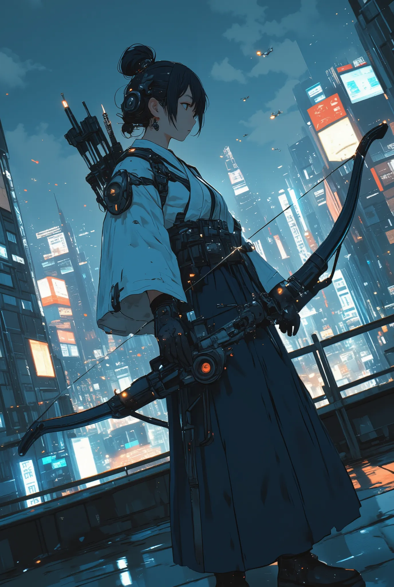 cinematic full-body shot of a female archer wearing a traditional white keikogi and deep navy hakama, standing at a 45-degree angle on a quiet urban rooftop at night,
her posture is calm and focused, blending centuries-old grace with futuristic presence,...