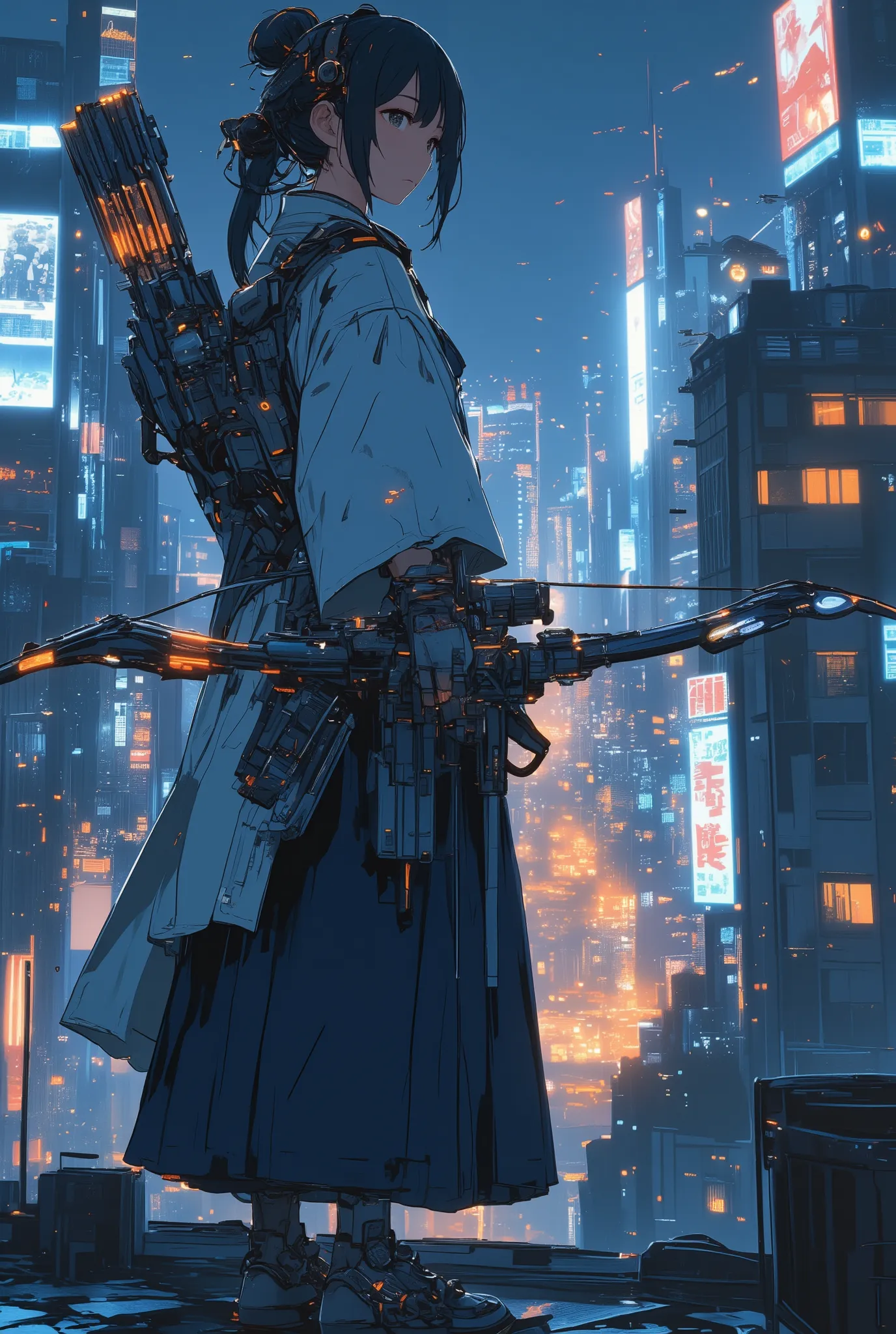cinematic full-body shot of a female archer wearing a traditional white keikogi and deep navy hakama, standing at a 45-degree angle on a quiet urban rooftop at night,
her posture is calm and focused, blending centuries-old grace with futuristic presence,...