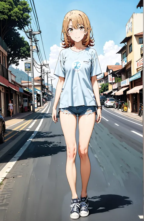 Iroha Isshiki,half up do,oversized t-shirt,denim micro shorts,Bare legs,sneakers,Baseball hats,standing,double peace sign,smile,blush,grinning,Beautiful Scenery, Beautiful Streetscapes,Daytime summer,full bodyがイラストに入るように,in their 40s outdoors,Coastal Road,...